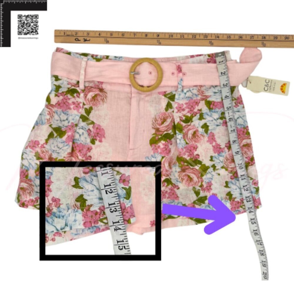 C&C California (NWT Medium)  Pink 100% Linen Belted Floral Shorts - 3" Inseam - Picture 7 of 9